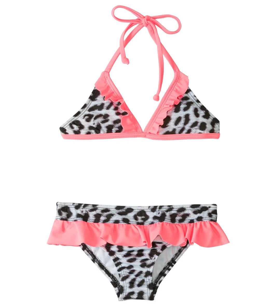 Hurley Girls' Leopard Triangle Top Ruffle Bottom Bikini Set (4-6)