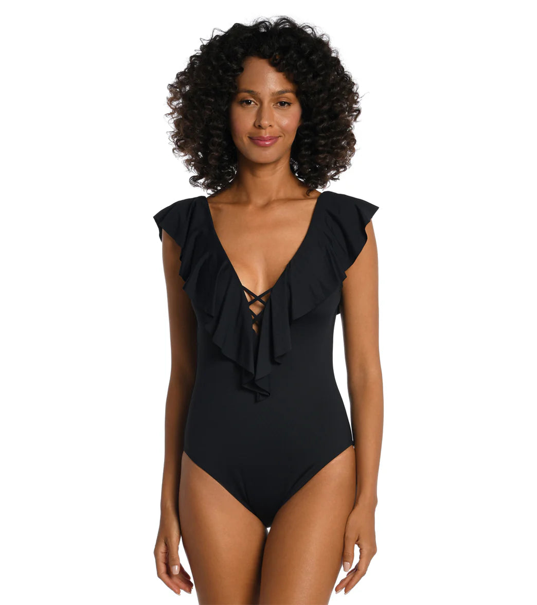 La Blanca Women's Island Goddess Ruffle Plunge One Piece Swimsuit