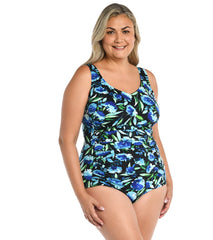 Maxine Women's Plus Size Dandelion Fields Spa Over the Shoulder One Piece Swimsuit