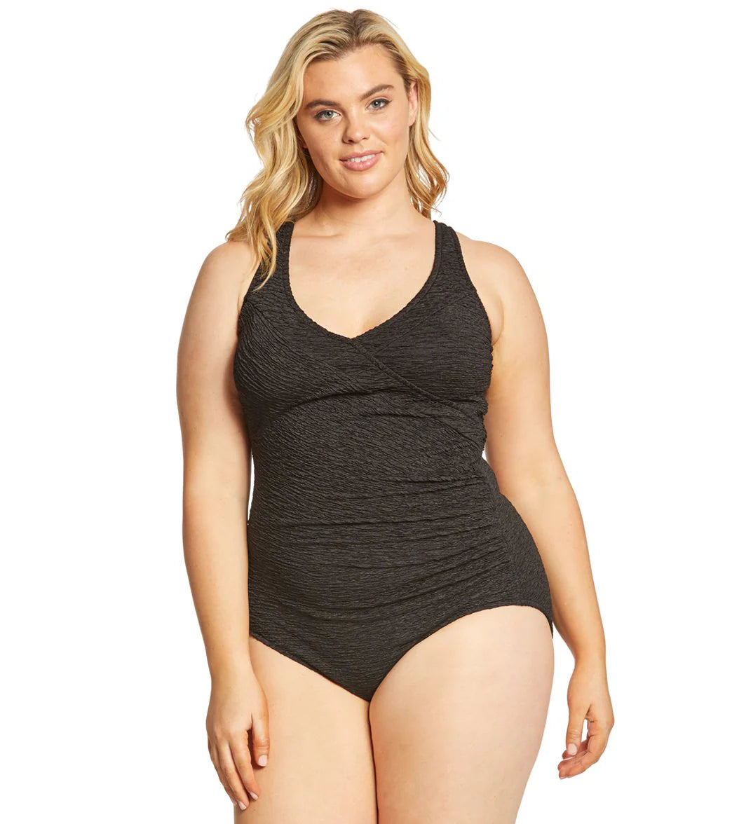 Krinkle By Penbrooke Plus Size Chlorine Resistant Mock Surplice One Piece Swimsuit