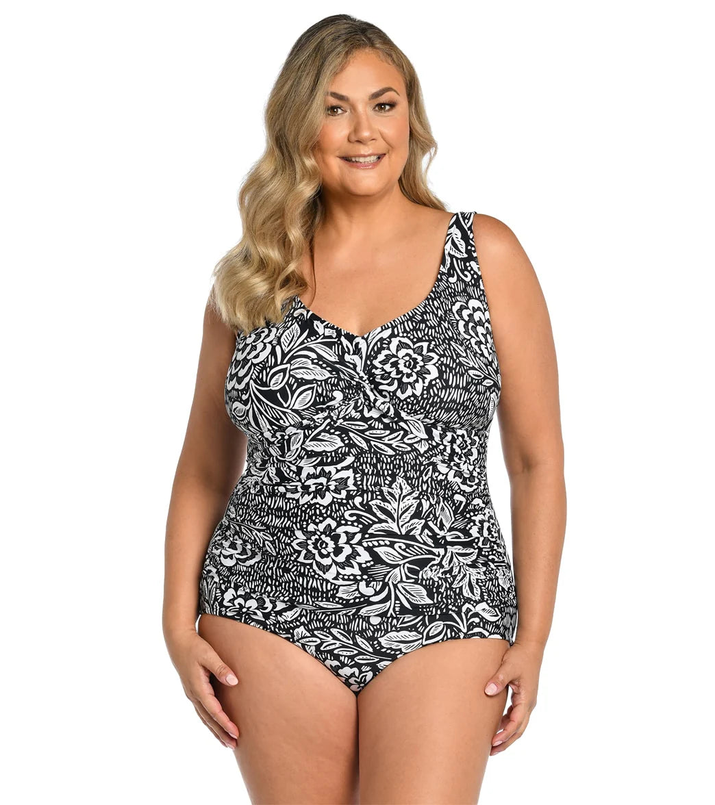 Maxine Women's Plus Size Tahitian Tribe Floral Twist Front One Piece Swimsuit