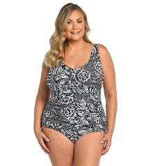 Maxine Women's Plus Size Tahitian Tribe Floral Twist Front One Piece Swimsuit