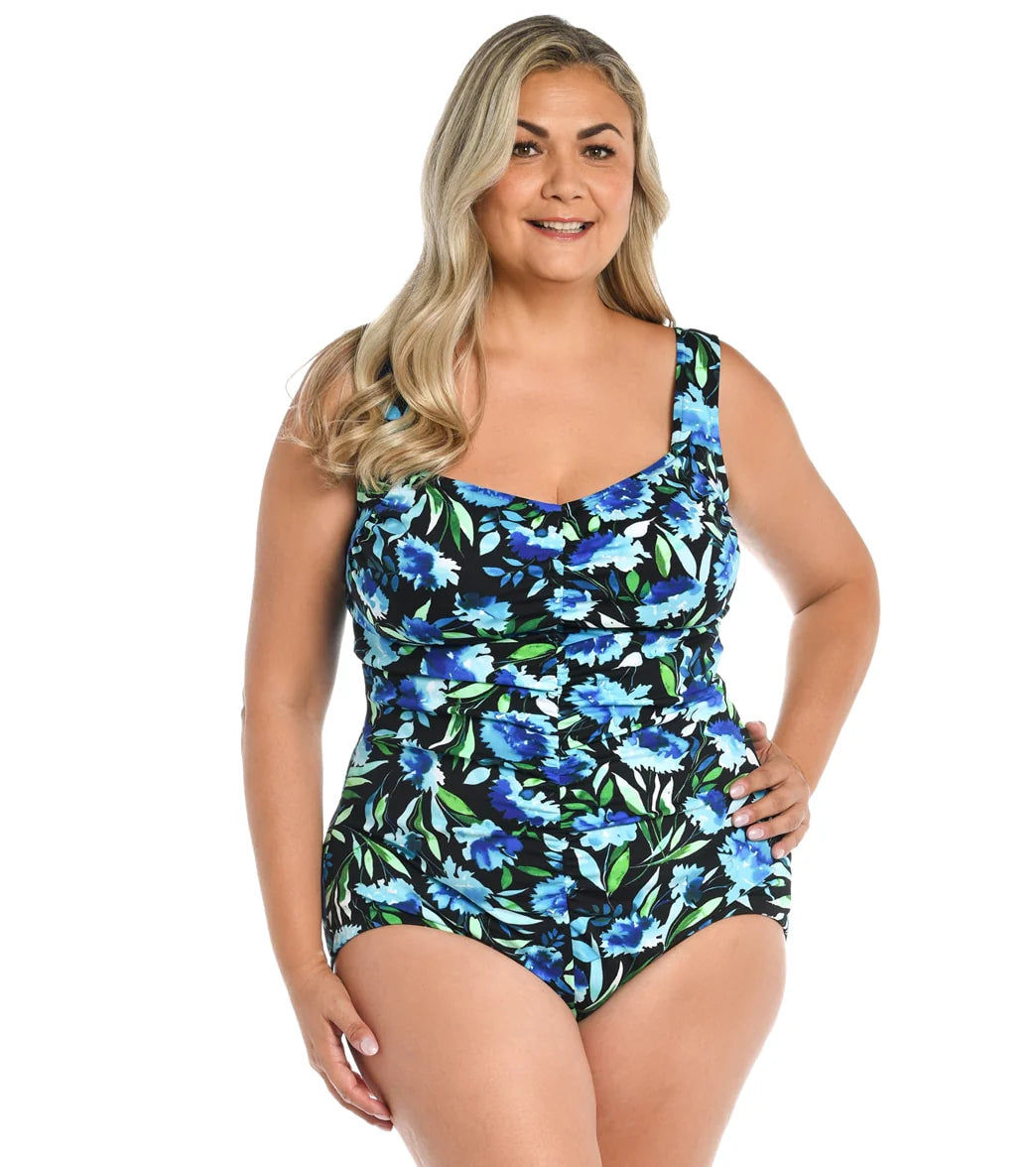Maxine Women's Plus Size Dandelion Fields Spa Shirred Girl Leg One Piece Swimsuit