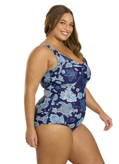 Sporti Plus Size Neptune's Reef Conservative Printed Girl Leg One Piece Swimsuit