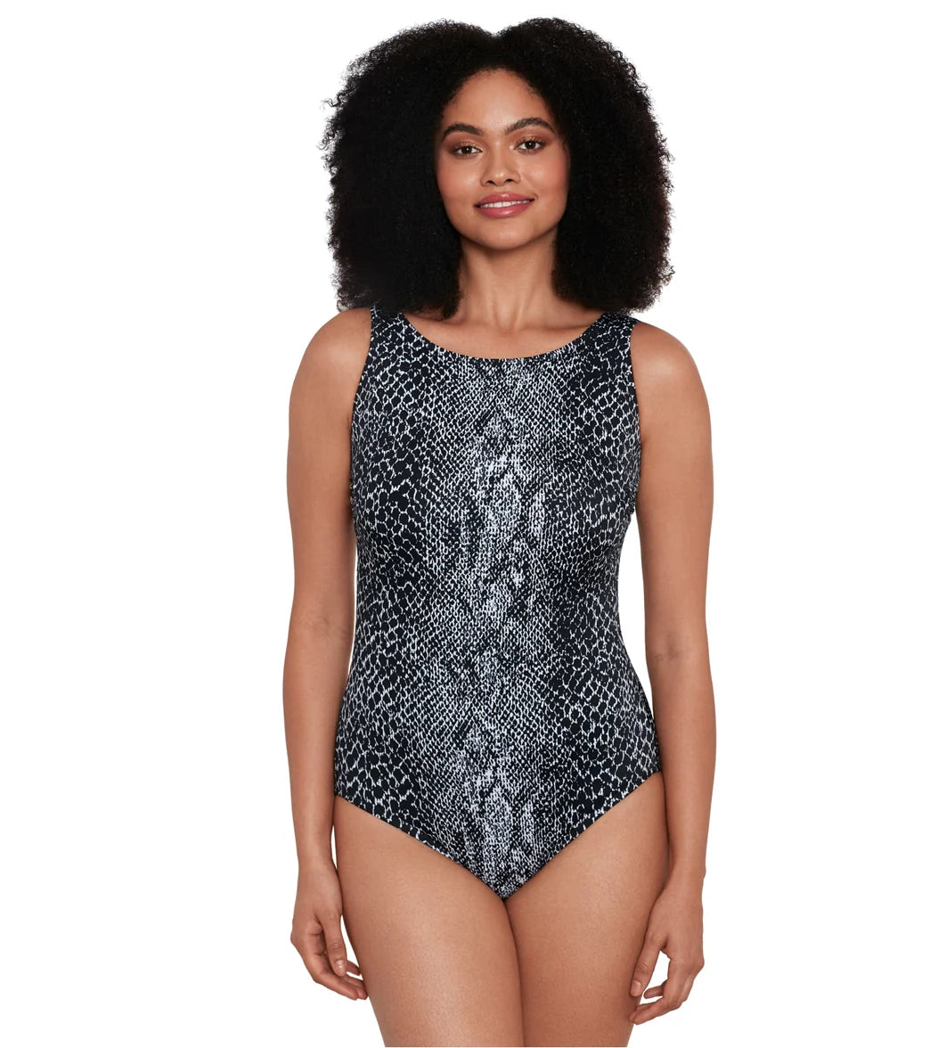 Longitude Women's Animal Lover Panel Scoopback High Neck Long Torso One Piece Swimsuit