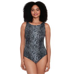 Longitude Women's Animal Lover Panel Scoopback High Neck Long Torso One Piece Swimsuit