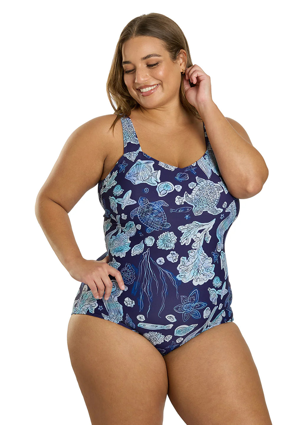 Sporti Plus Size Neptune's Reef Moderate Printed Sweetheart One Piece Swimsuit
