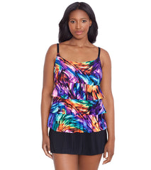 Longitude Women's Ribbon Candy Ruffle Faux Skirtini Long Torso One Piece Swimsuit