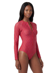 Sporti Active Tidal Dots Zip Front Long Sleeve One Piece Swimsuit