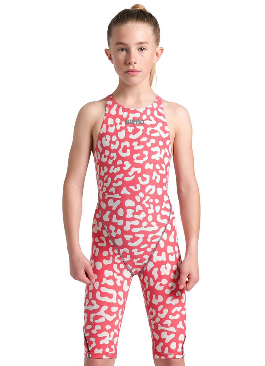 Arena Girls' Powerskin ST Next Limited Edition Leopard Open Back Tech Suit Swimsuit