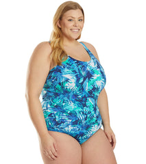 Sporti Plus Size HydroLast Aquarelle Palm Chlorine Resistant Conservative Scoop Back One Piece Swimsuit