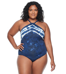 Lauren Ralph Lauren Women's Plus Size Shoreline Stripe High Neck One Piece Swimsuit