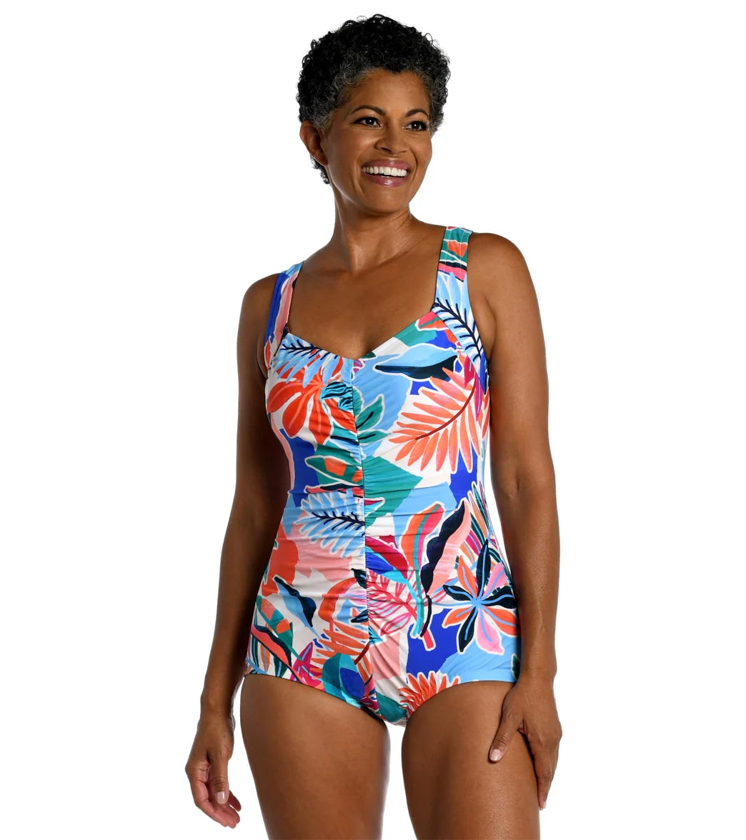 Maxine Women's Tropical Abstraction Shirred Front Girl Leg One Piece Swimsuit