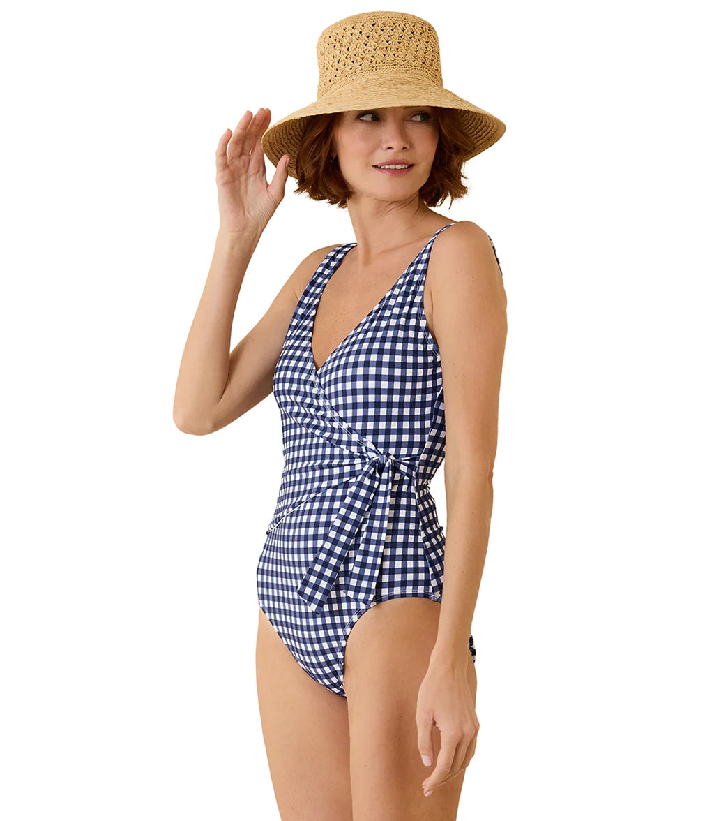 Tommy Bahama Women's Summer Floral Gingham Wrap Front One Piece Swimsuit