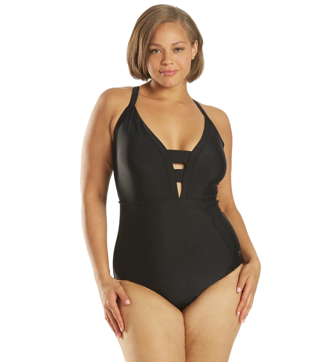 Speedo Plus Size Active Chlorine Resistant Plunge V Neck One Piece Swimsuit