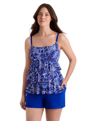 Longitude Women's Long Torso Floral City Ruffle Faux Shortini One Piece Swimsuit