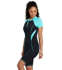 Dolfin Women's Aquashape Color Block Short Sleeve Zip Front Unitard