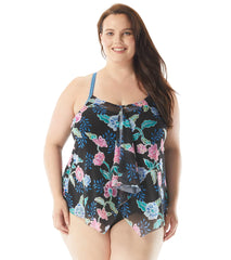 Beach House Women's Plus Size Floral Fantasy Kerry Mesh Layer Tankini Top