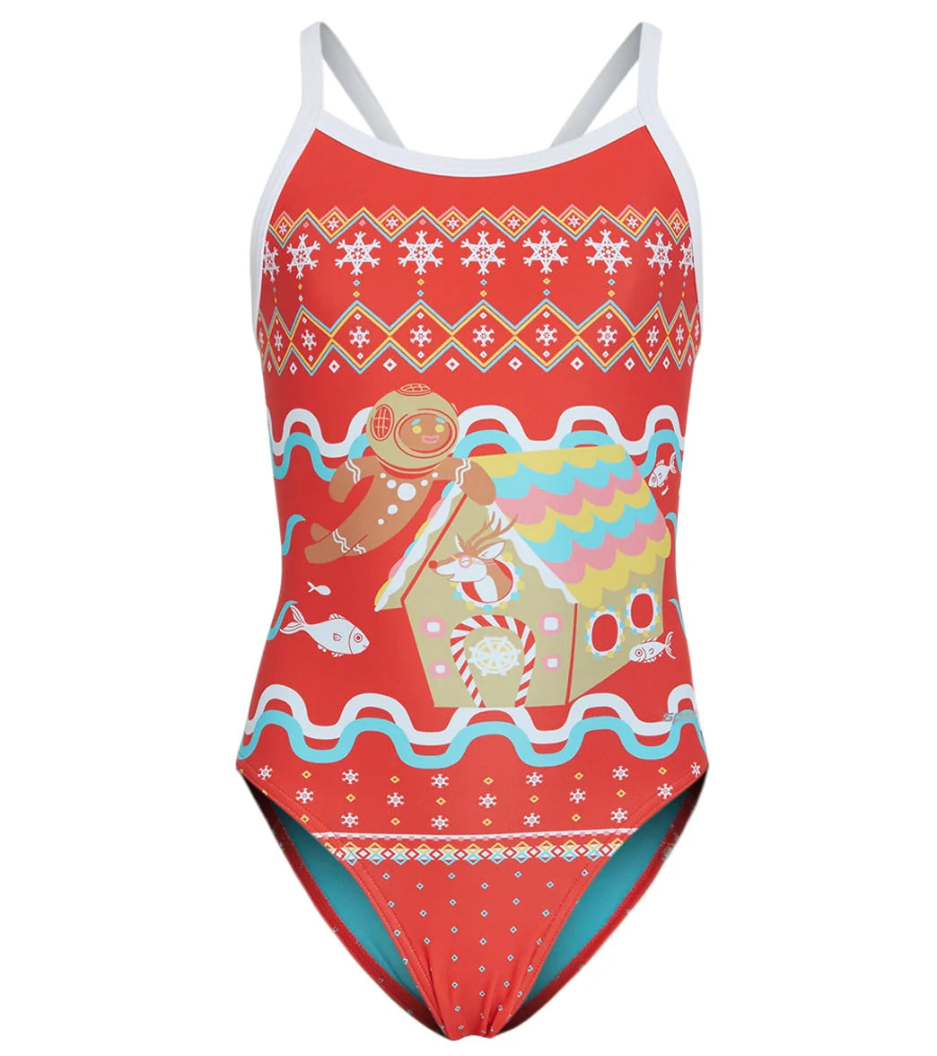 Sporti Limited Edition Ugly Sweater Gingerbread Diver Thin Strap One Piece Swimsuit Youth (22-28)