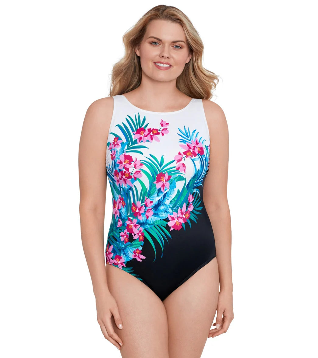 Longitude Women's Fuji Isle Panel Scoopback Highneck Long Torso One Piece Swimsuit