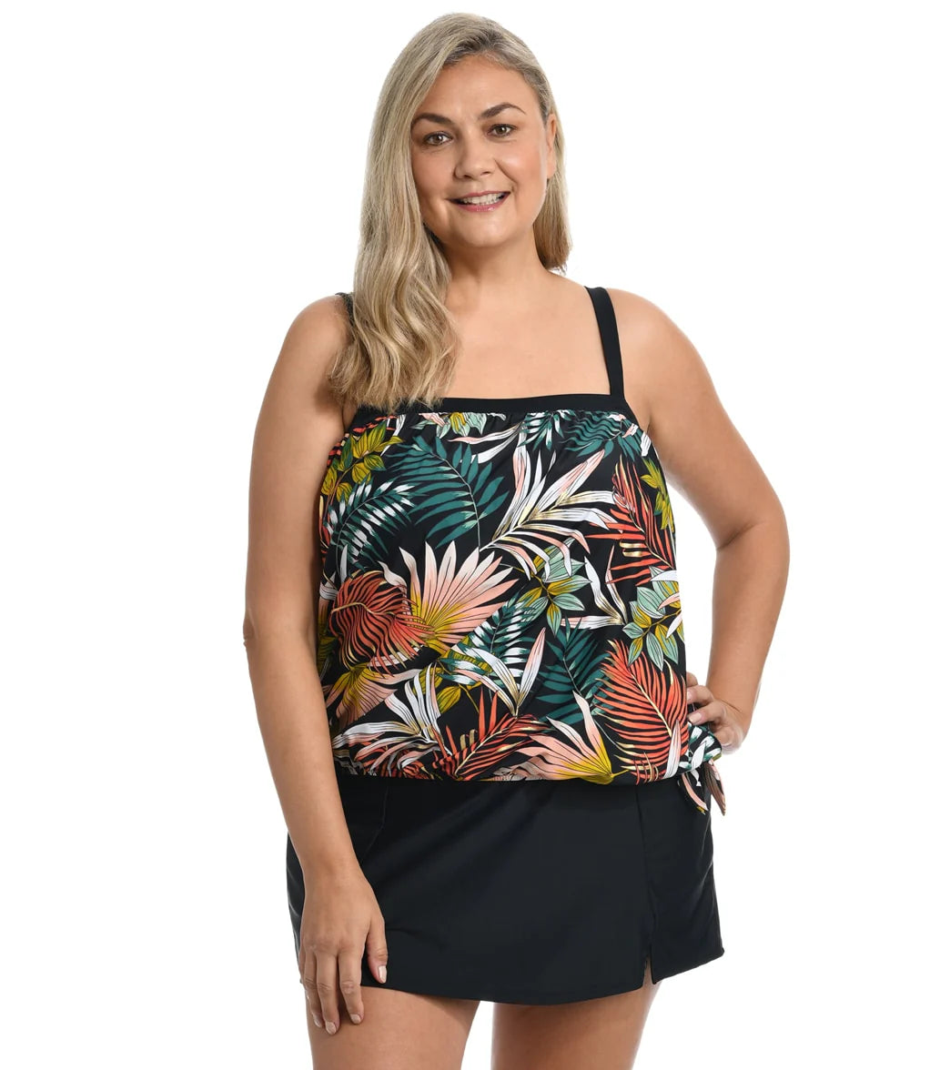 Maxine Women's Plus Size Palms And Fronds Blouson Tankini Top