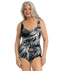 Maxine Women's Shadow Palms Shirred Front Girl Leg One Piece Swimsuit
