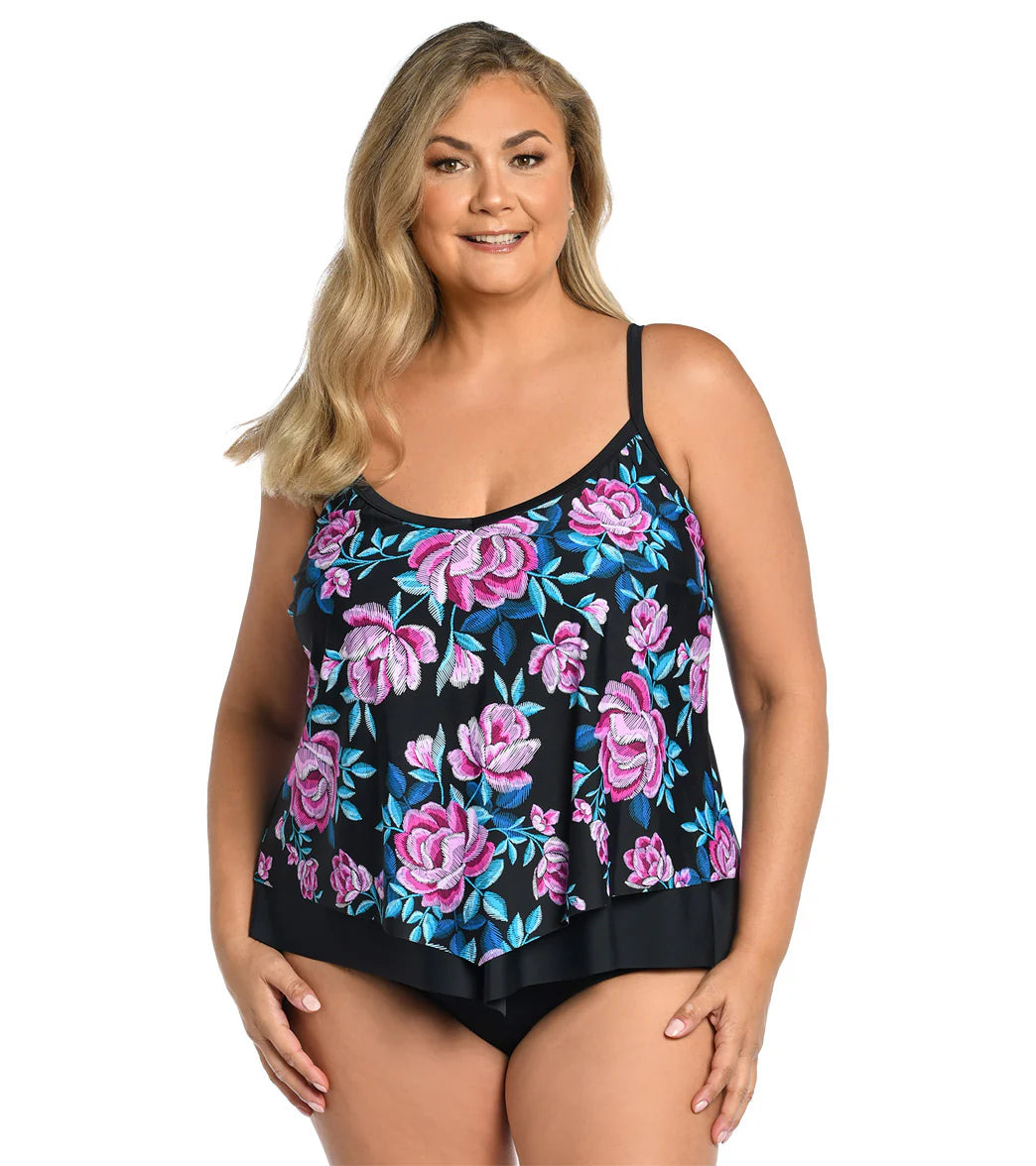 Maxine Women's Plus Size Midnight Orchid Flutter Tankini Top