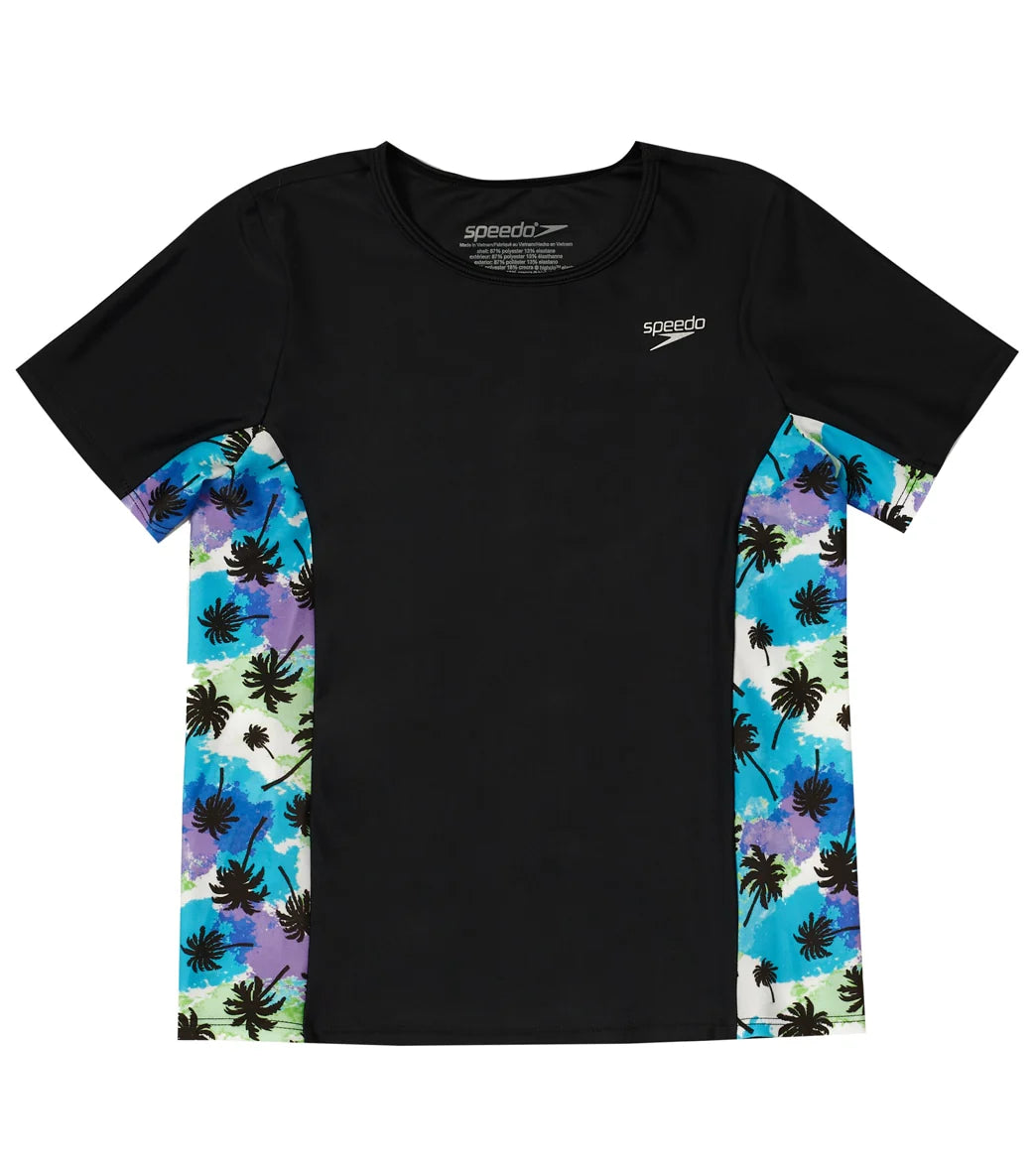 Speedo Girls' Printed Splice Short Sleeve Rashguard (Big Kid)