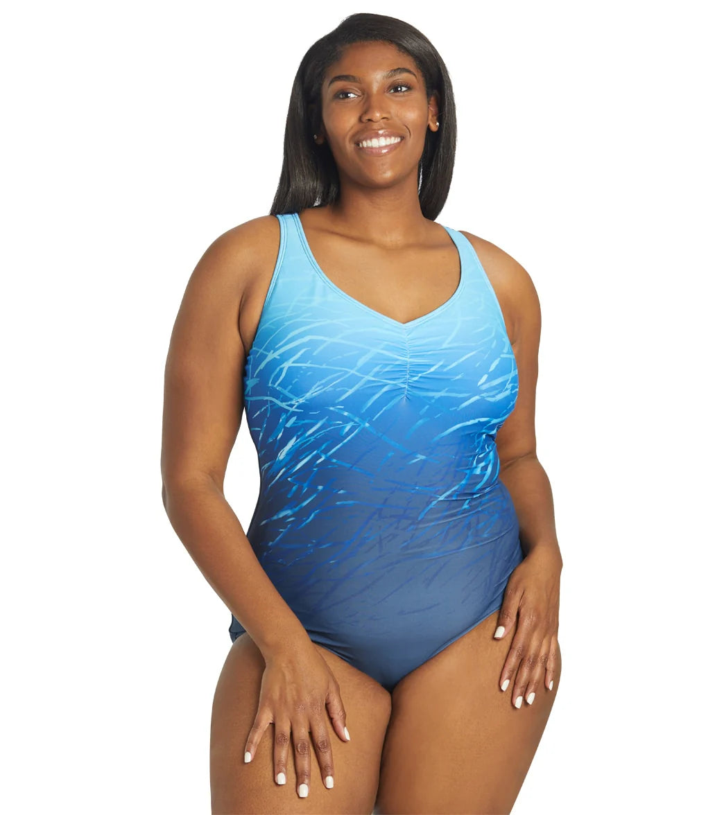 Sporti Plus Size Conservative Printed Ombre Girl Leg One Piece Swimsuit