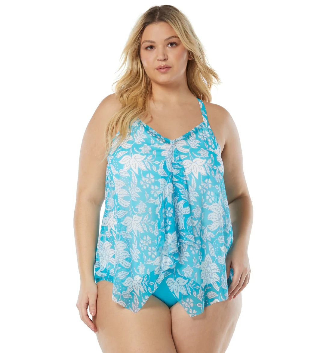 Beach House Women's Plus Size Coastal Botanical Kerry Mesh Layer Racerback Tankini Top