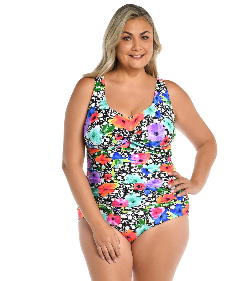Maxine Women's Plus Size Pop Petals Twist Front One Piece Swimsuit
