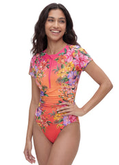Johnny Was Women's Kairi Short Sleeve Ruched One Piece Swimsuit