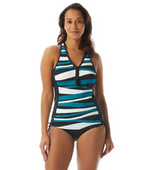 Beach House Women's Wave Pool Stripe Erinna Racerback Zip Front Tankini Top