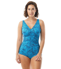 Gabar Women's Chlorine Resistant Leafy Lines Underwire V Neck Girl Leg One Piece Swimsuit