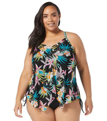 Beach House Women's Plus Size Tropical Bloom Kerry Mesh Layer Tankini Top