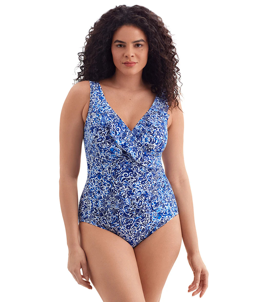 Longitude Women's Fine China Ruffle Front Surplice Long Torso One Piece Swimsuit