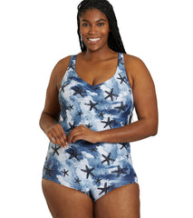 Sporti Plus Size Sanibel Island Conservative Printed Girl Leg One Piece Swimsuit