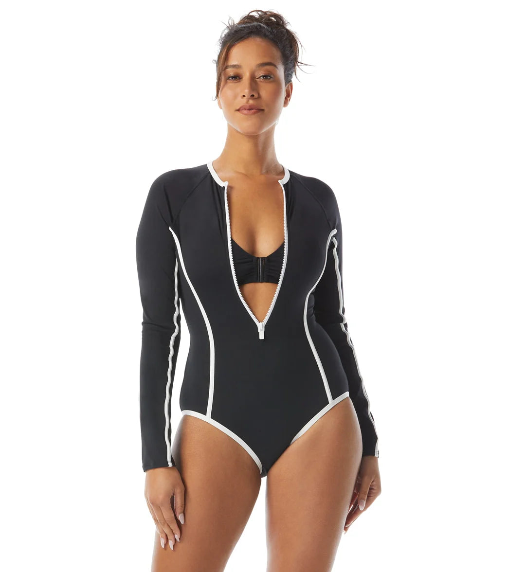 Beach House Women's Piping Solid Sculpt Long Sleeve Zip Front Two Piece Swimsuit