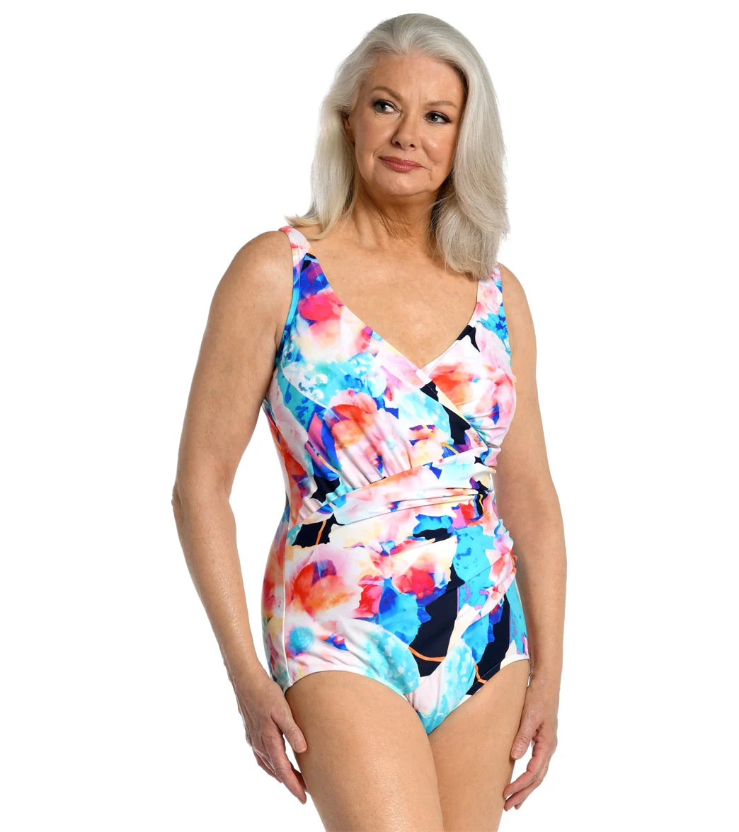 Maxine Women's Illusion Blossoms Shirred Surplice One Piece Swimsuit