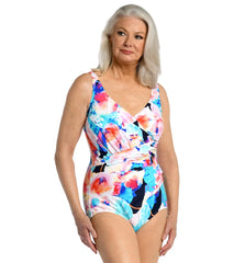 Maxine Women's Illusion Blossoms Shirred Surplice One Piece Swimsuit