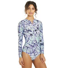 Sporti Active Moonlight Tie Dye Zip Front Long Sleeve One Piece Swimsuit