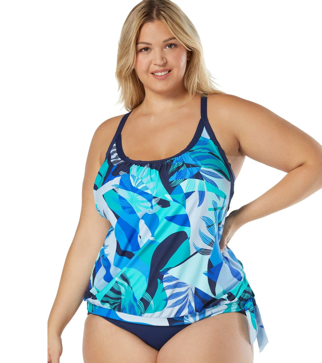 Beach House Women's Plus Size Geo Palm Triumph Double Layer Racerback Tankini Top