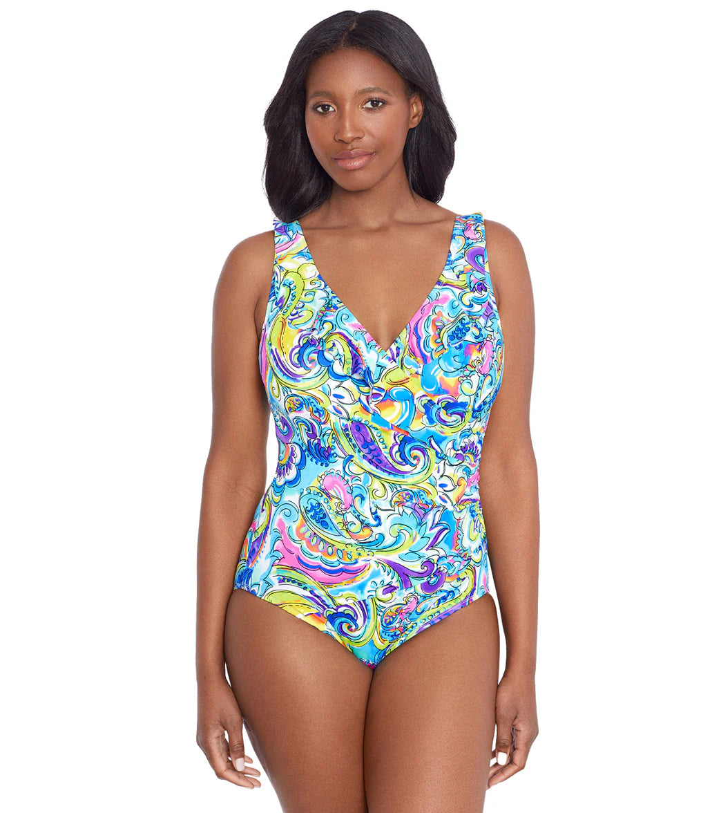Longitude Women's Paisley Seas Ruffle Front Surplice One Piece Swimsuit
