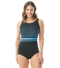 Gabar Woman's Mastectomy Chlorine Resistant High Neck Deep Water Dot One Piece Swimsuit (C/D Cup)