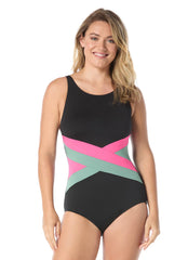 Gabar Women's Mastectomy Chlorine Resistant Color Blocked High Neck One Piece Swimsuit (C/D Cup)