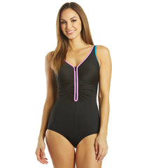 Gabar Woman's Chlorine Resistant Color Blocked Zip Front One Piece Swimsuit