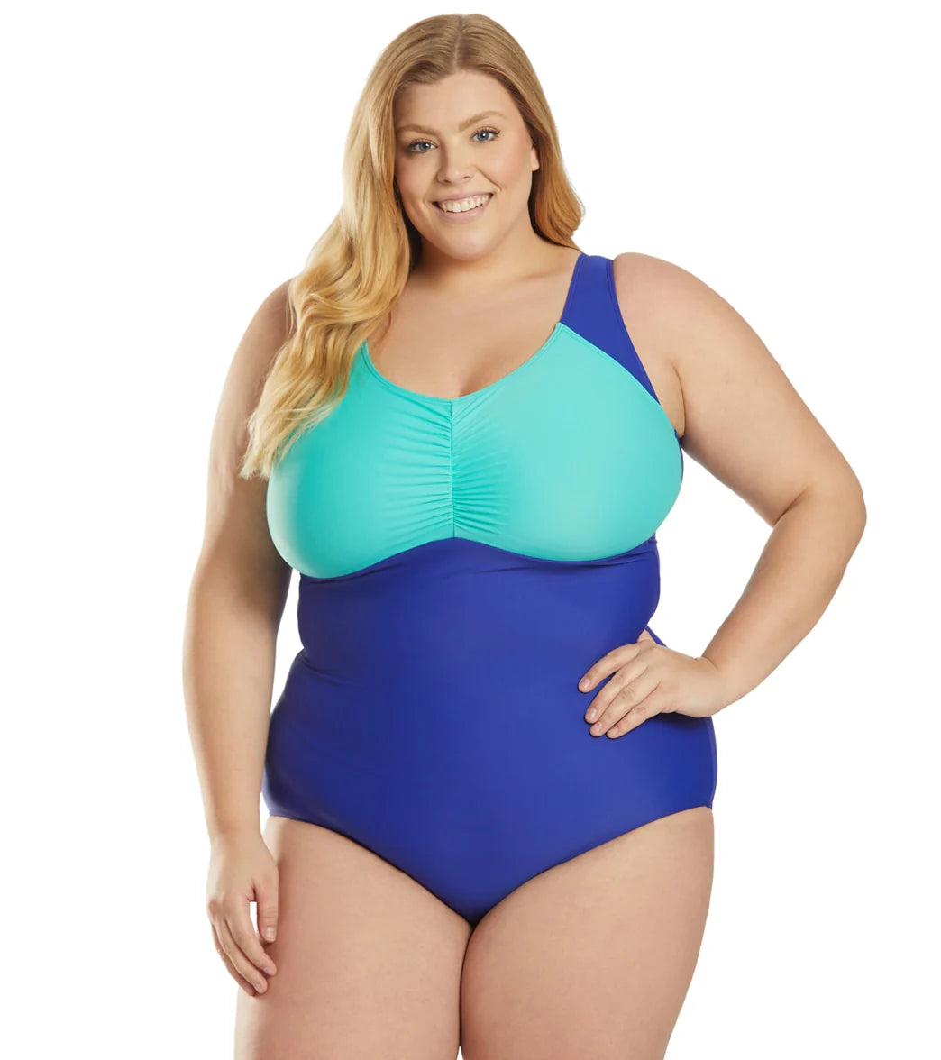 Sporti Plus Size Conservative Colorblock Girl Leg One Piece Swimsuit