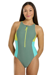 Speedo Women's Color Block Zip Front One Piece Swimsuit
