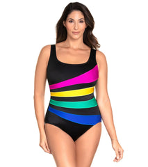 Longitude Color Brite Fan Long Torso Tank One Piece Swimsuit