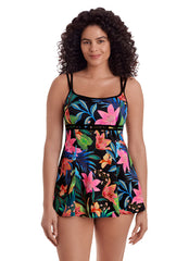 Longitude Women's Long Torso Mighnight Plumeria Empire Princess Seam Swim Dress